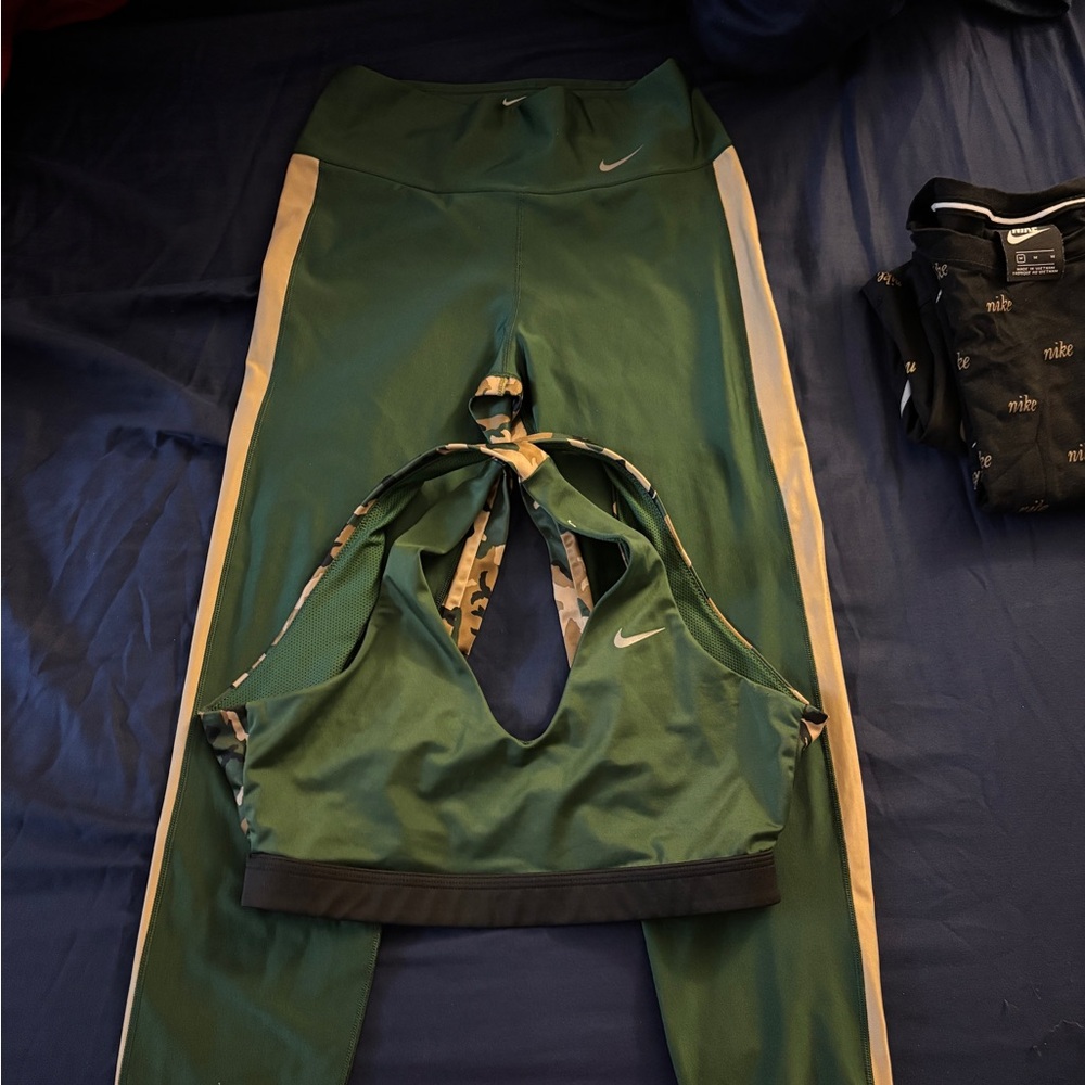 Nike womens green, gold, and camo matching pants and sports bra